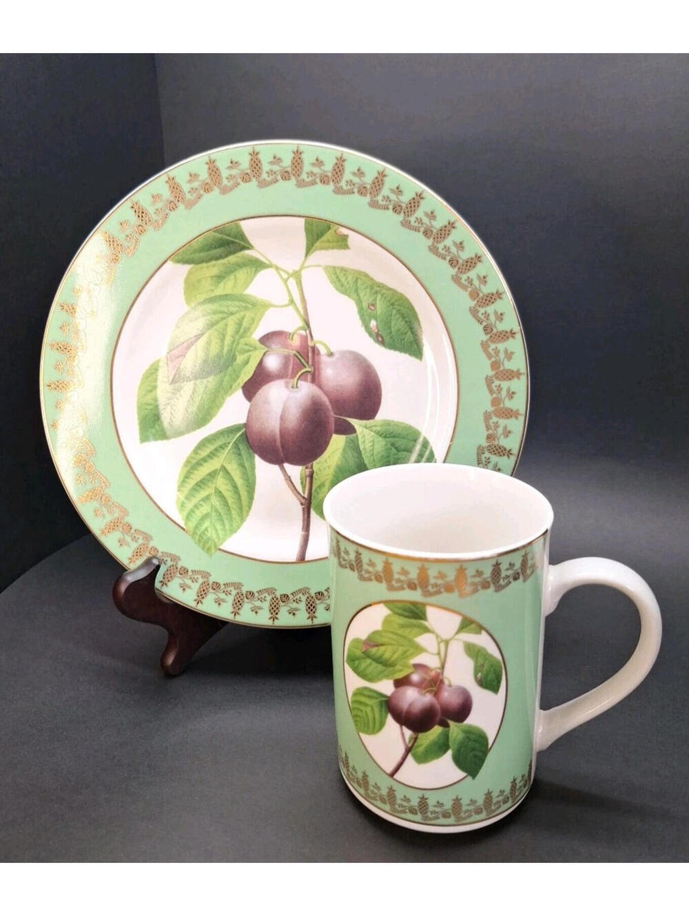 Royal Fruit  American Atelier Green Gold Plums Porcelain Mug Lunch Plate